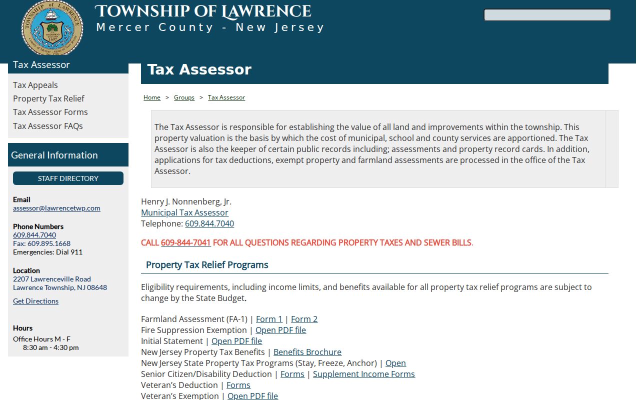 Lawrence Township residents directory Tax Assessor resources