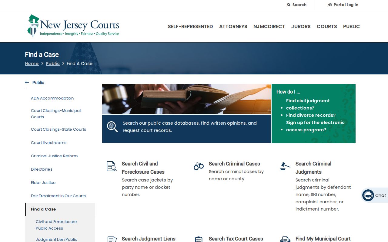 Lawrence Township resident lookup through the New Jersey Courts Find a Case entry page